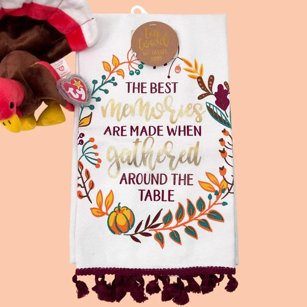 NWT THANKSGIVING TASSEL NOVELTY TEA TOWEL & VINTAGE '97 TY GOBBLES TURKEY BEANIE